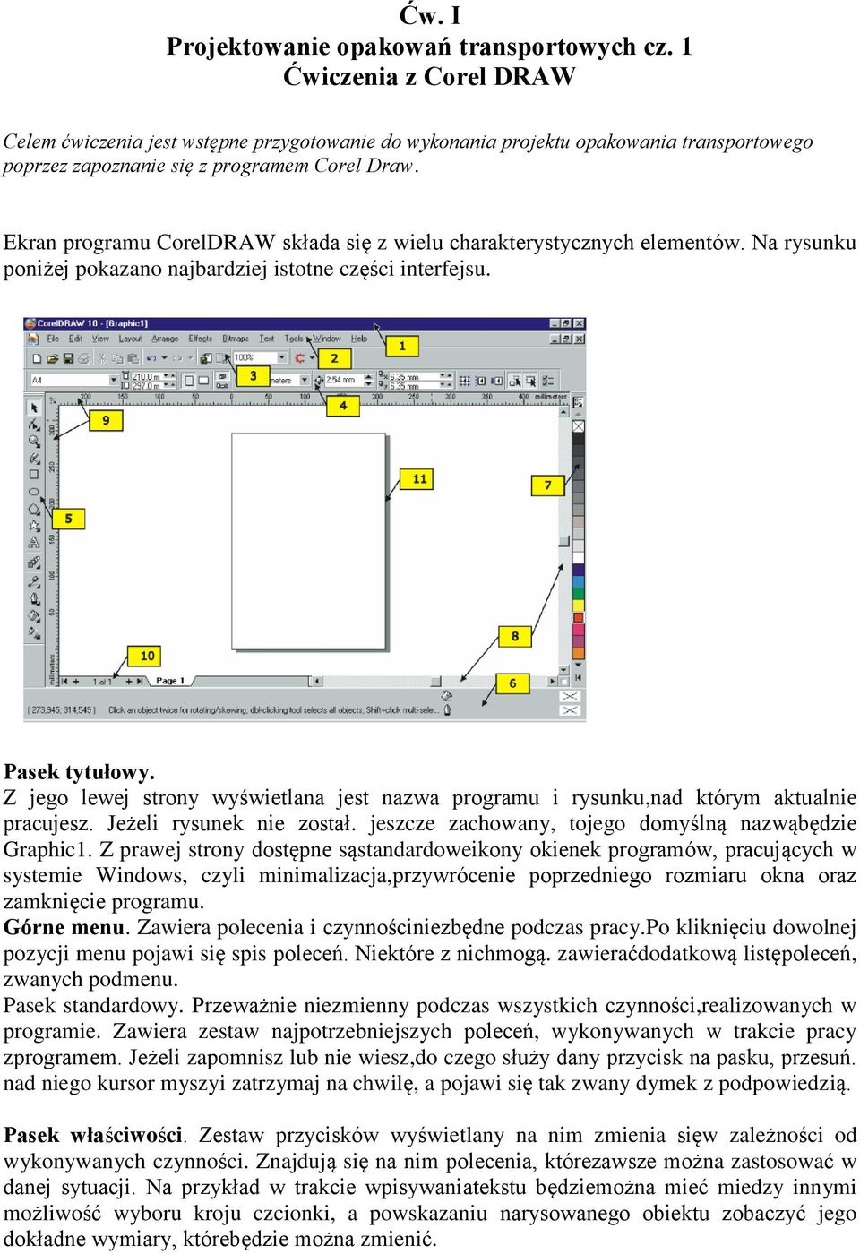 Ekran programu CorelDRAW składa się z wielu charakterystycznych elementów. Na rysunku poniżej pokazano najbardziej istotne części interfejsu. Pasek tytułowy.