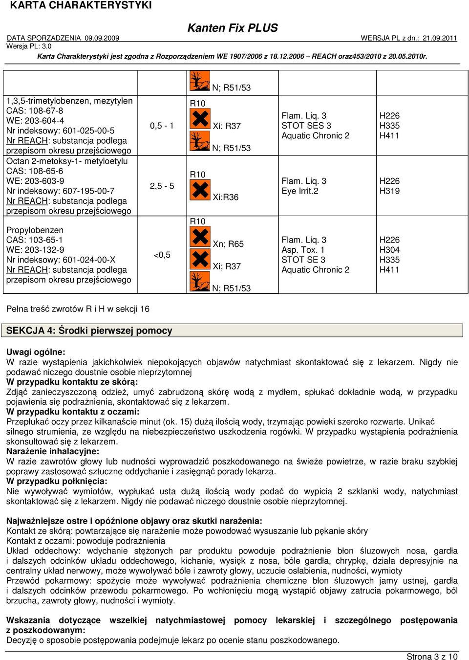 1 STOT SE 3 Aquatic Chronic 2 H335 H411 H319 H304 H335 H411 Pełna treść zwrotów R i H w sekcji 16 SEKCJA 4: Środki pierwszej pomocy Uwagi ogólne: W razie wystąpienia jakichkolwiek niepokojących
