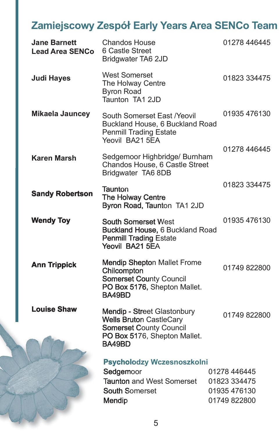 Burnham Chandos House, 6 Castle Street Bridgwater TA6 8DB Taunton The Holway Centre Byron Road, Taunton TA1 2JD South Somerset West Buckland House, 6 Buckland Road Penmill Trading Estate Yeovil BA21