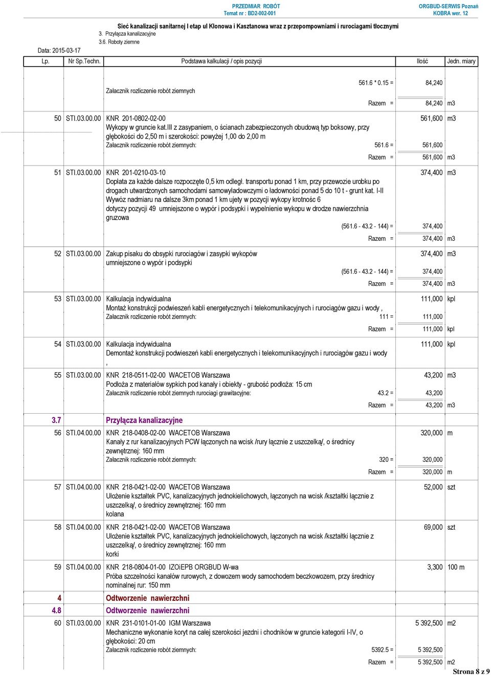 6 = 561,600 Razem = 561,600 m3 51 STI.03.00.00 KNR 201-0210-03-10 374,400 m3 Dopłata za każde dalsze rozpoczęte 0,5 km odległ.