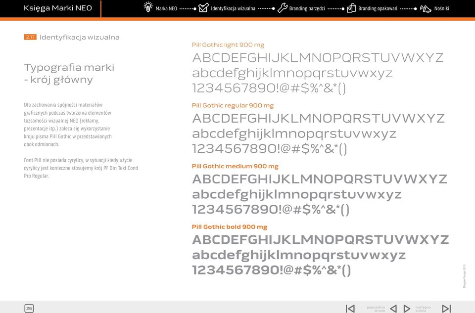 Font Pill nie posiada cyrylicy, w sytuacji kiedy użycie cyrylicy jest konieczne stosujemy krój PF Din Text Cond Pro Regular.