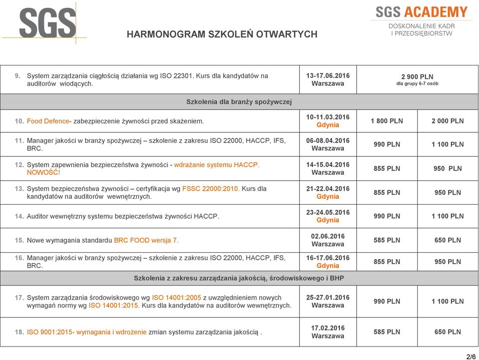 System zapewnienia bezpieczeństwa żywności - wdrażanie systemu HACCP. NOWOŚĆ! 13. System bezpieczeństwa żywności certyfikacja wg FSSC 22000:2010. Kurs dla kandydatów na auditorów wewnętrznych. 14.