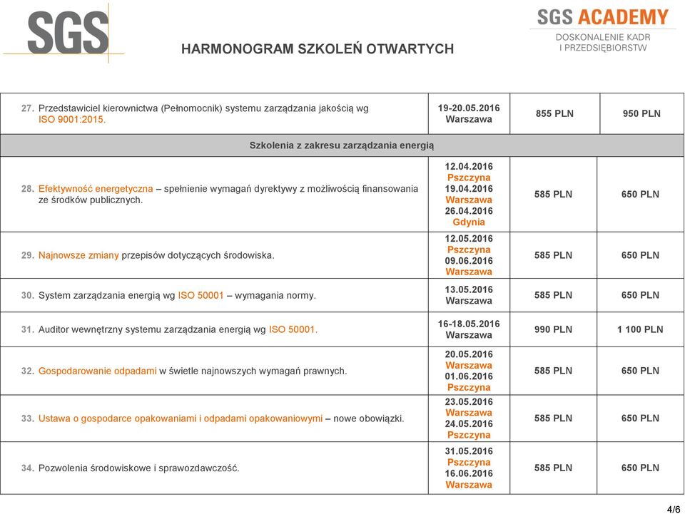 System zarządzania energią wg ISO 50001 wymagania normy. 31. Auditor wewnętrzny systemu zarządzania energią wg ISO 50001. 32. Gospodarowanie odpadami w świetle najnowszych wymagań prawnych. 33.