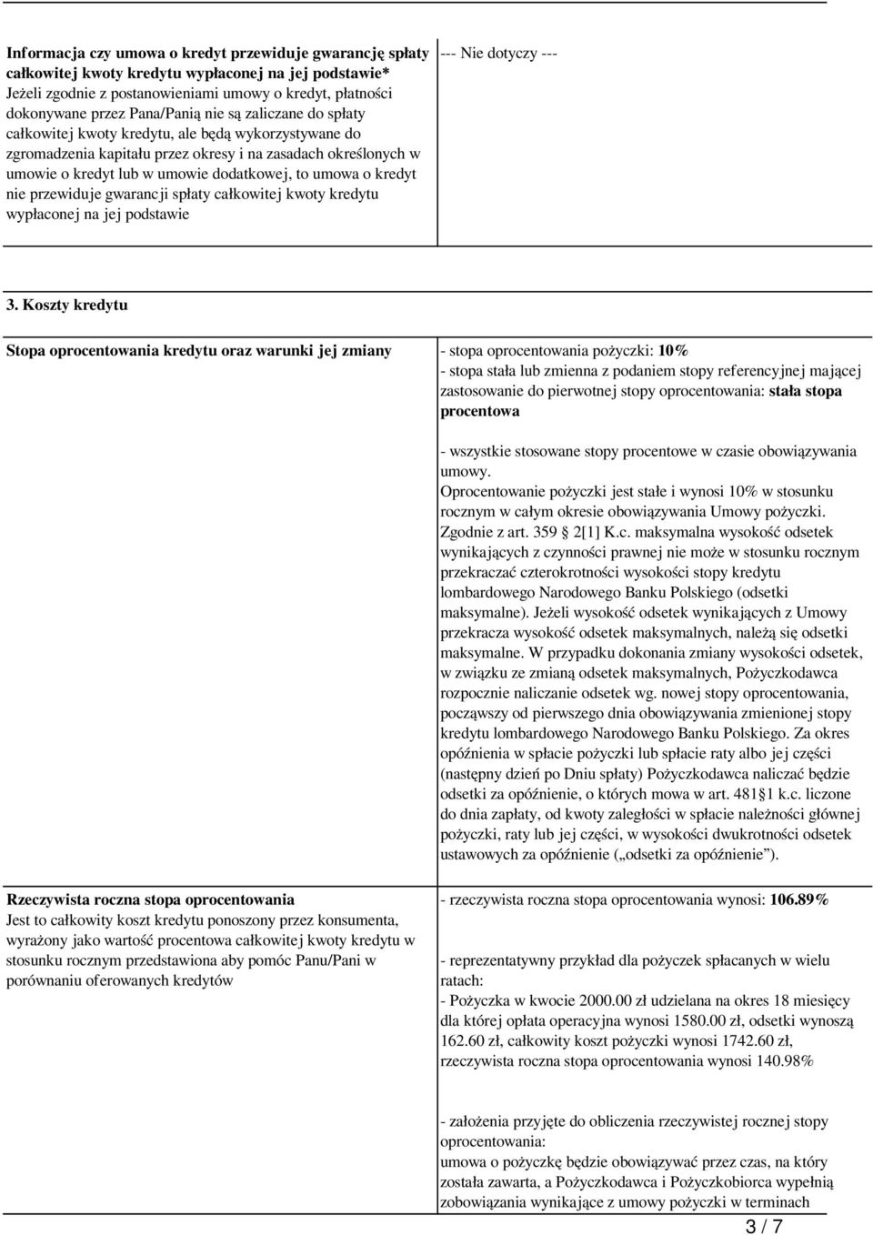 kredyt nie przewiduje gwarancji spłaty całkowitej kwoty kredytu wypłaconej na jej podstawie 3.
