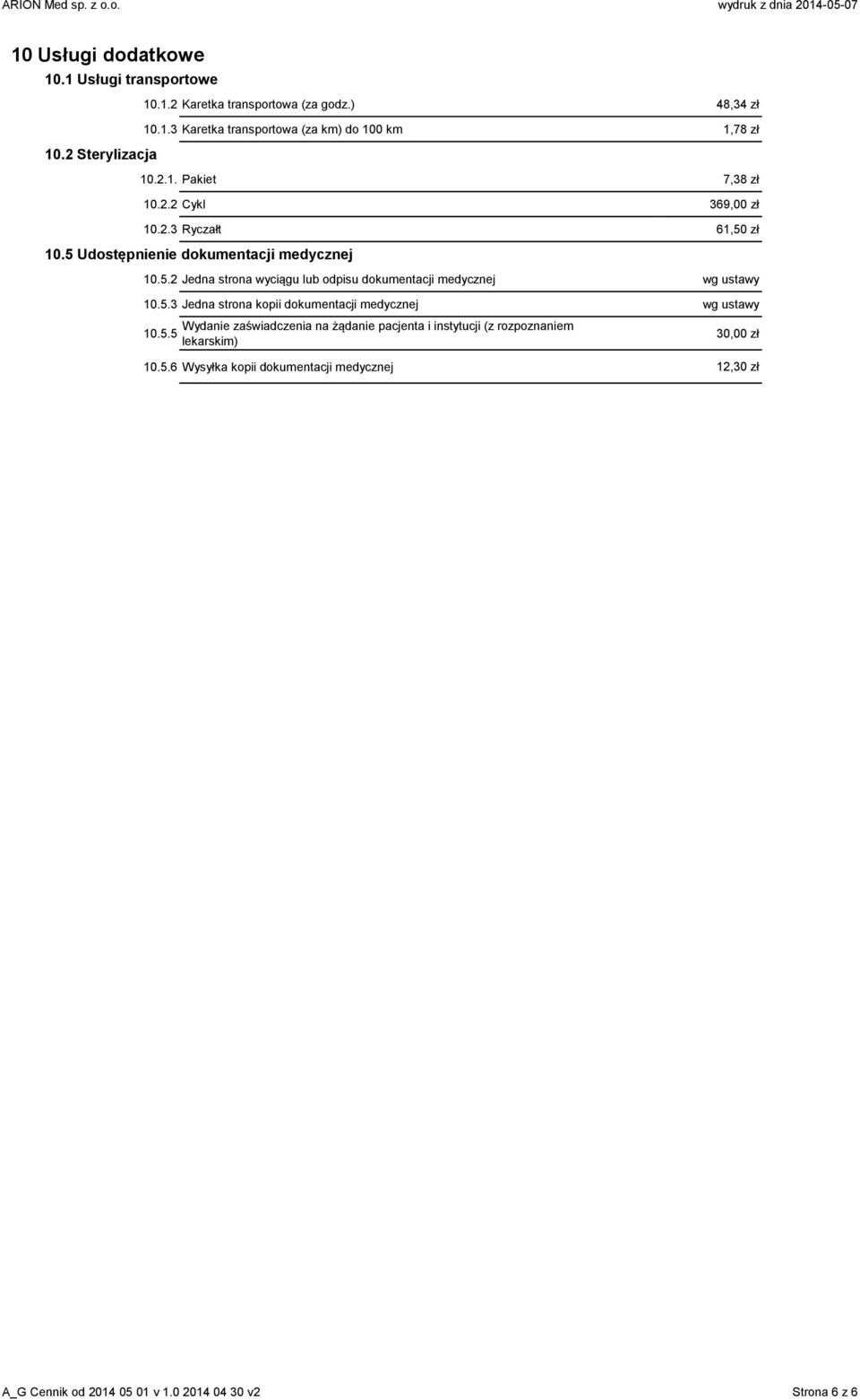 5.3 Jedna strona kopii dokumentacji medycznej wg ustawy 10.5.5 Wydanie zaświadczenia na żądanie pacjenta i instytucji (z rozpoznaniem lekarskim) 30,00 zł 10.