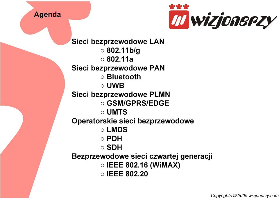 PLMN GSM/GPRS/EDGE UMTS Operatorskie sieci bezprzewodowe LMDS