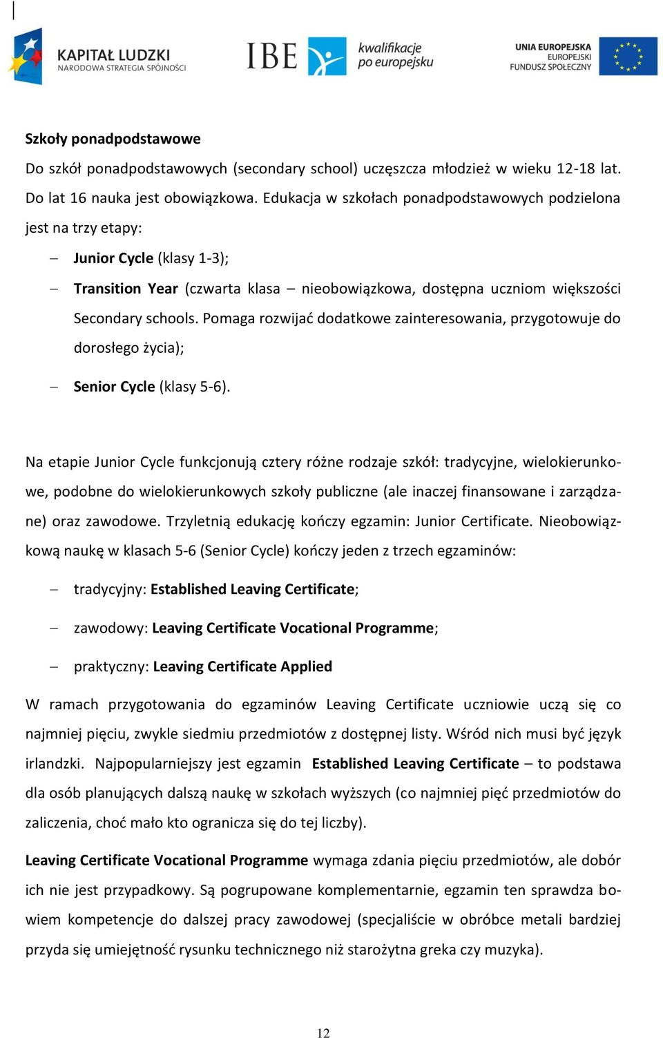 Pomaga rozwijać dodatkowe zainteresowania, przygotowuje do dorosłego życia); Senior Cycle (klasy 5-6).