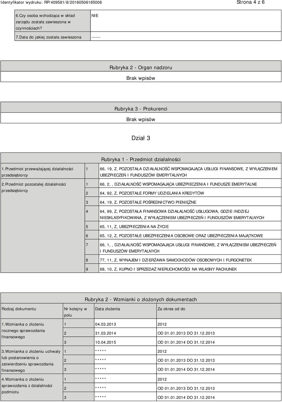 Przedmiot pozostałej działalności przedsiębiorcy 1 66, 19, Z, POZOSTAŁA DZIAŁALNOŚĆ WSPOMAGAJĄCA USŁUGI FINANSOWE, Z WYŁĄCZEM UBEZPIECZEŃ I FUNDUSZÓW EMERYTALNYCH 1 66, 2,, DZIAŁALNOŚĆ WSPOMAGAJĄCA