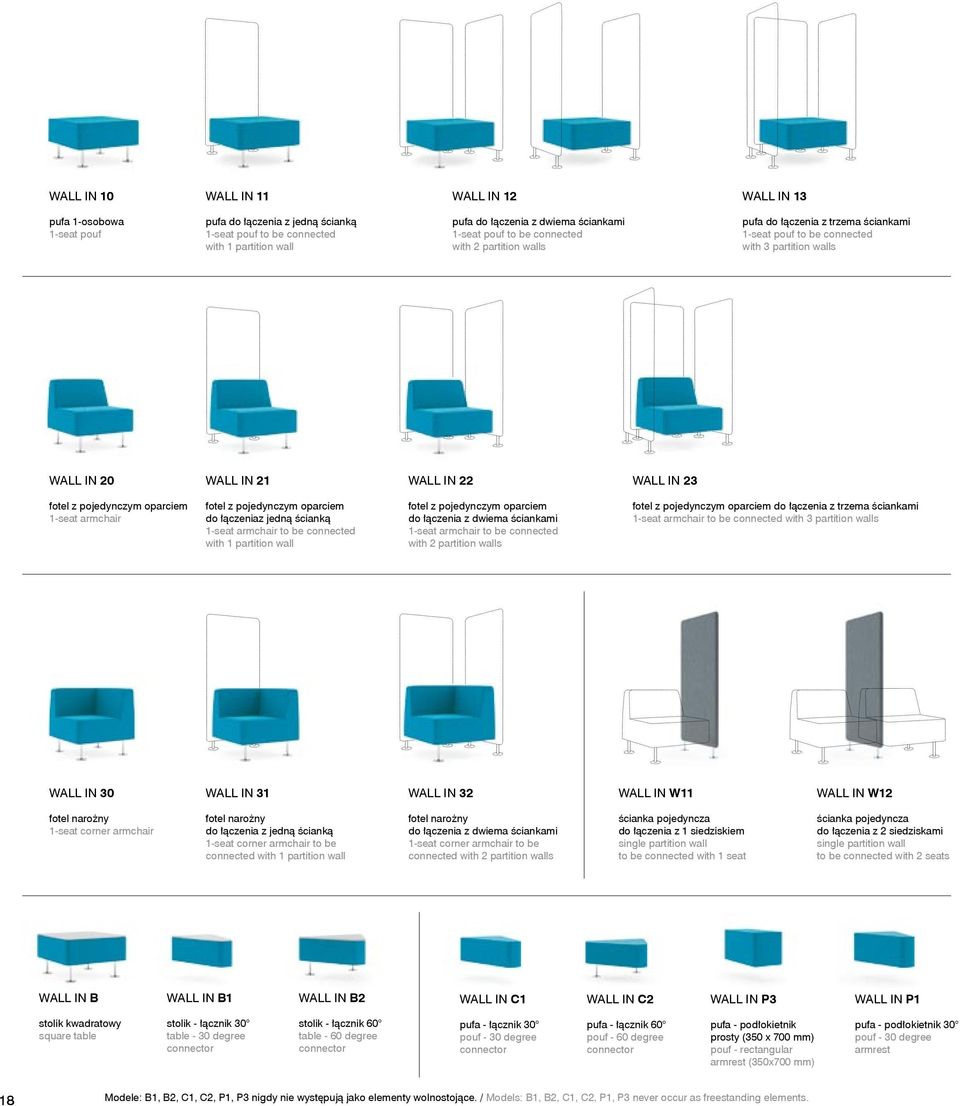 oparciem 1-seat armchair fotel z pojedynczym oparciem do łączeniaz jedną ścianką 1-seat armchair to be connected with 1 partition wall fotel z pojedynczym oparciem do łączenia z dwiema ściankami