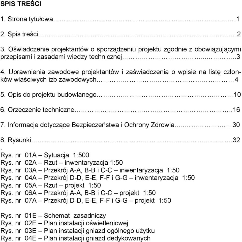 Informacje dotyczące Bezpieczeństwa i Ochrony Zdrowia... 30 8. Rysunki.....32. Rys. nr 01A Sytuacja 1:500 Rys. nr 02A Rzut inwentaryzacja 1:50 Rys.