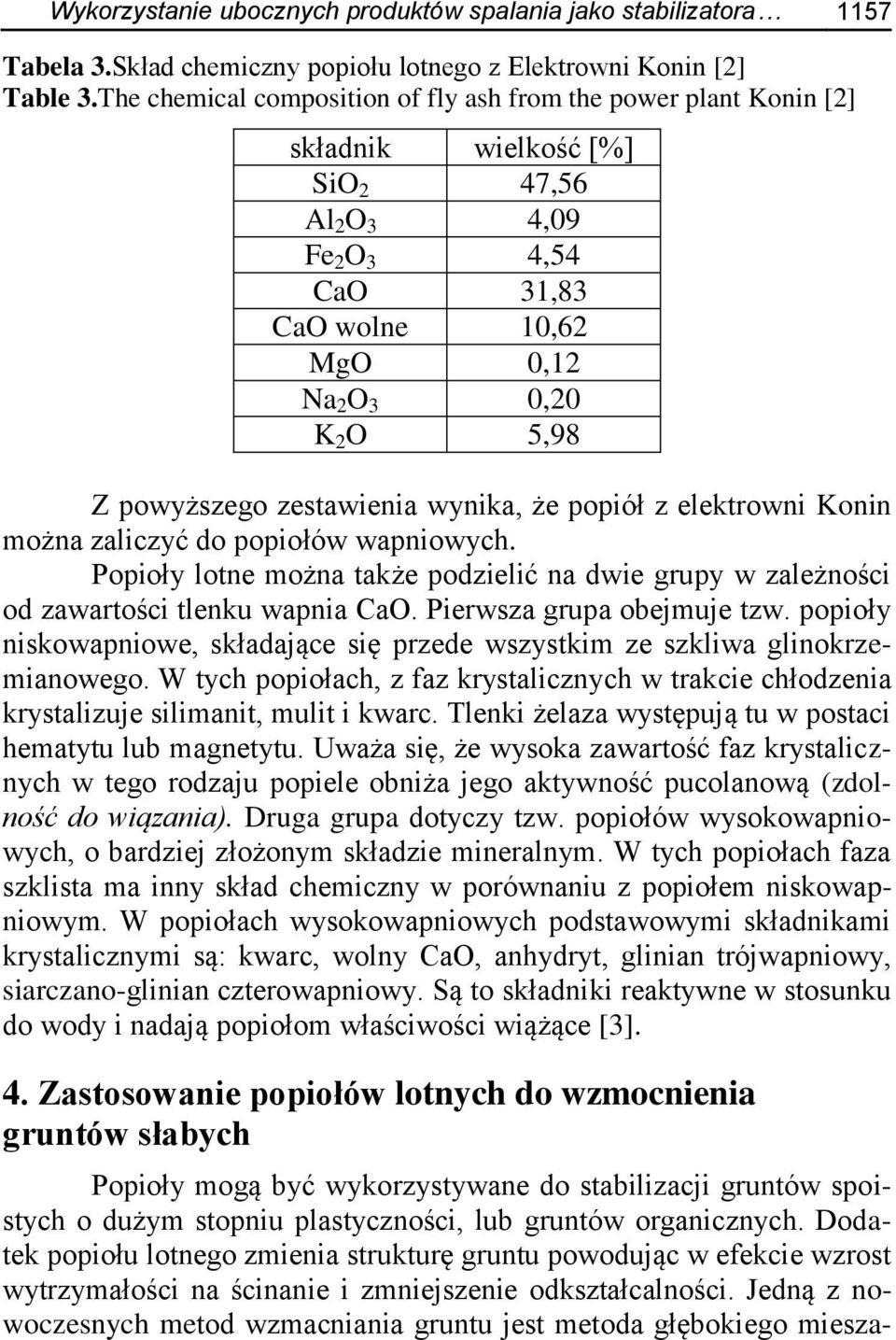 powyższego zestawienia wynika, że popiół z elektrowni Konin można zaliczyć do popiołów wapniowych. Popioły lotne można także podzielić na dwie grupy w zależności od zawartości tlenku wapnia CaO.