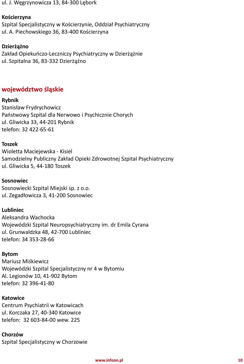 Szpitalna 36, 83-332 Dzierżążno województwo śląskie Rybnik Stanisław Frydrychowicz Państwowy Szpital dla Nerwowo i Psychicznie Chorych ul.