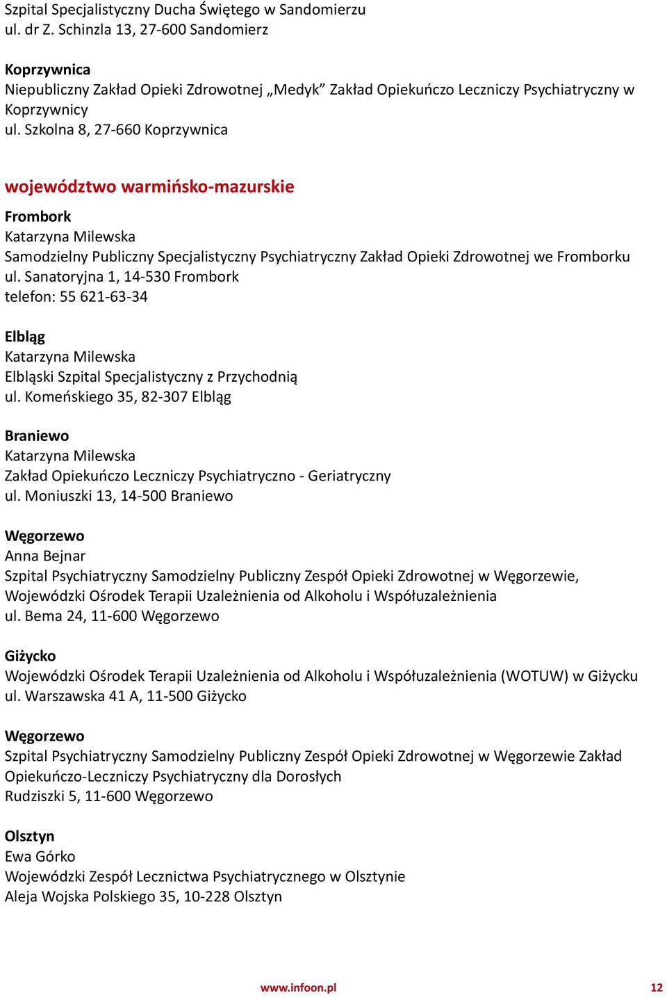 Szkolna 8, 27-660 Koprzywnica województwo warmińsko-mazurskie Frombork Katarzyna Milewska Samodzielny Publiczny Specjalistyczny Psychiatryczny Zakład Opieki Zdrowotnej we Fromborku ul.
