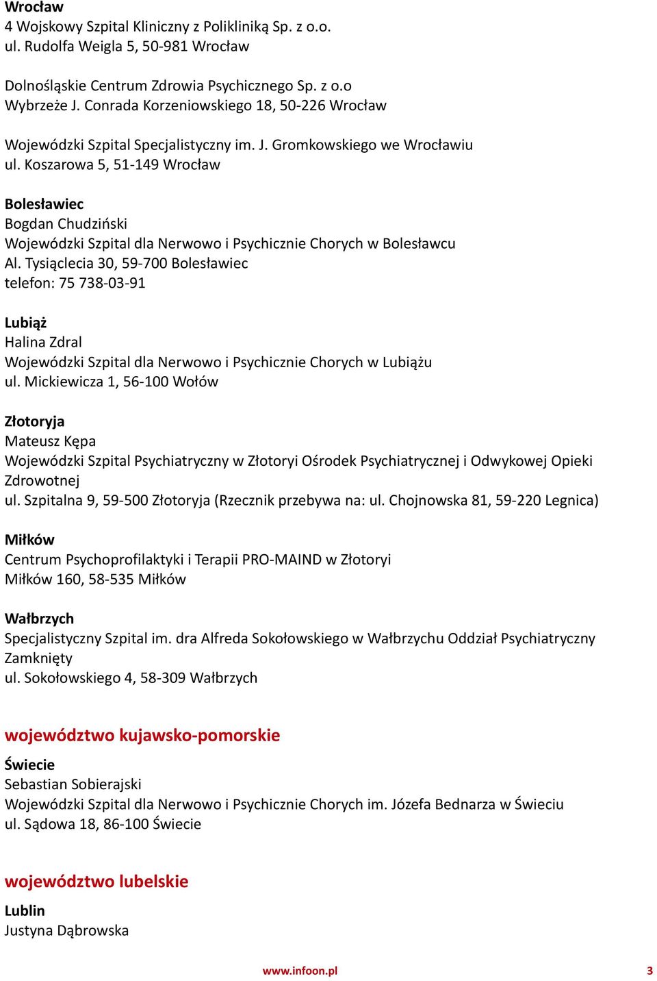 Koszarowa 5, 51-149 Wrocław Bolesławiec Bogdan Chudziński Wojewódzki Szpital dla Nerwowo i Psychicznie Chorych w Bolesławcu Al.