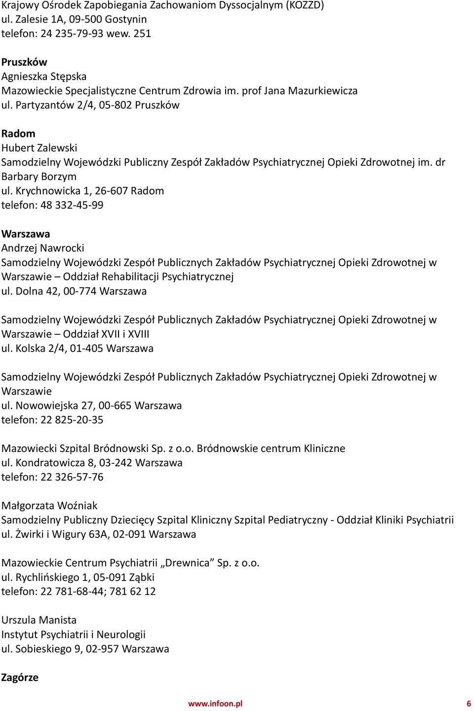 Krychnowicka 1, 26-607 Radom telefon: 48 332-45-99 Warszawa Andrzej Nawrocki Samodzielny Wojewódzki Zespół Publicznych Zakładów Psychiatrycznej Opieki Zdrowotnej w Warszawie Oddział Rehabilitacji