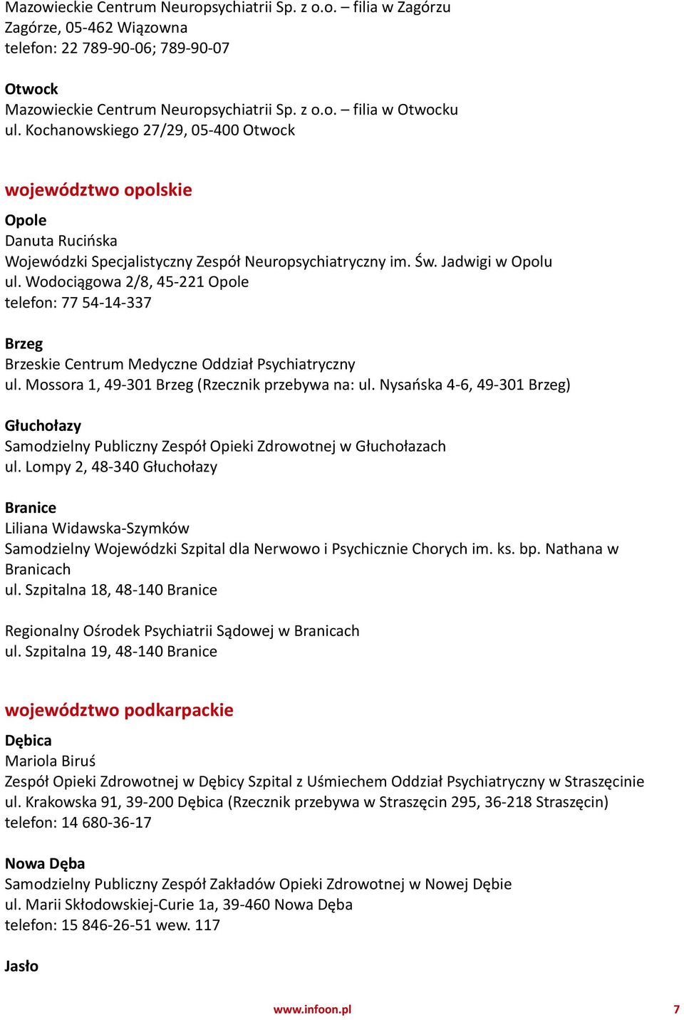 Wodociągowa 2/8, 45-221 Opole telefon: 77 54-14-337 Brzeg Brzeskie Centrum Medyczne Oddział Psychiatryczny ul. Mossora 1, 49-301 Brzeg (Rzecznik przebywa na: ul.