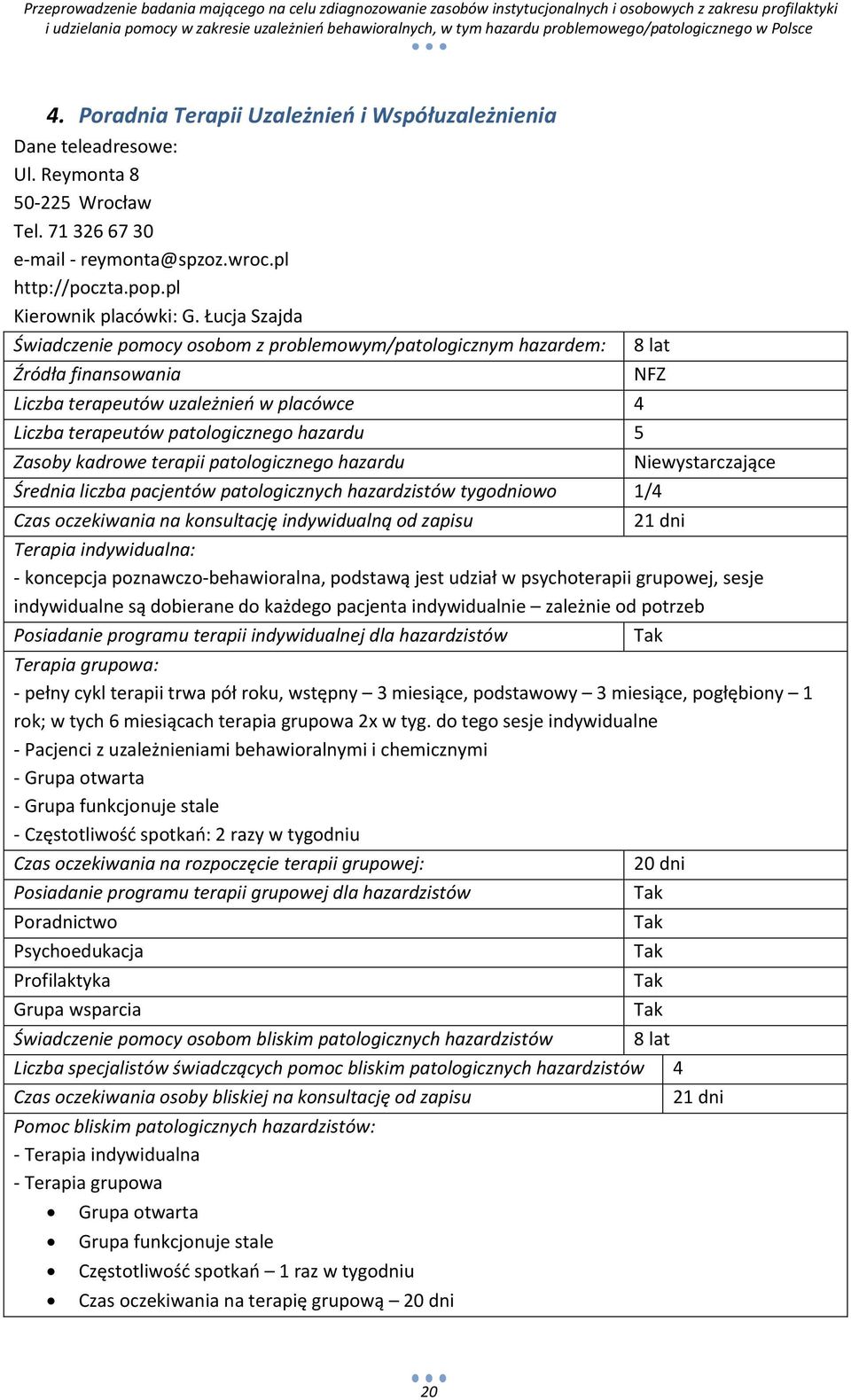 hazardu Średnia liczba pacjentów patologicznych hazardzistów tygodniowo 1/4 8 lat NFZ Niewystarczające Czas oczekiwania na konsultację indywidualną od zapisu 21 dni : - koncepcja