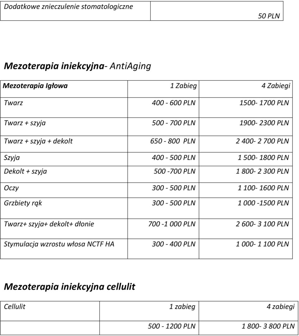 PLN 1 800-2 300 PLN Oczy 300-500 PLN 1 100-1600 PLN Grzbiety rąk 300-500 PLN 1 000-1500 PLN Twarz+ szyja+ dekolt+ dłonie 700-1 000 PLN 2 600-3 100