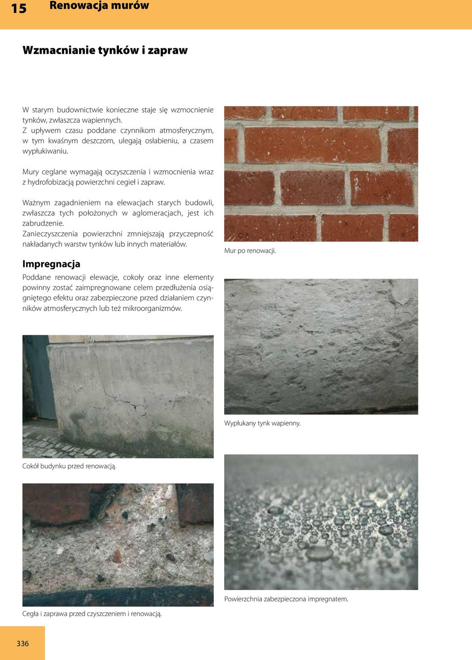 Mury ceglane wymagają oczyszczenia i wzmocnienia wraz z hydrofobizacją powierzchni cegieł i zapraw.