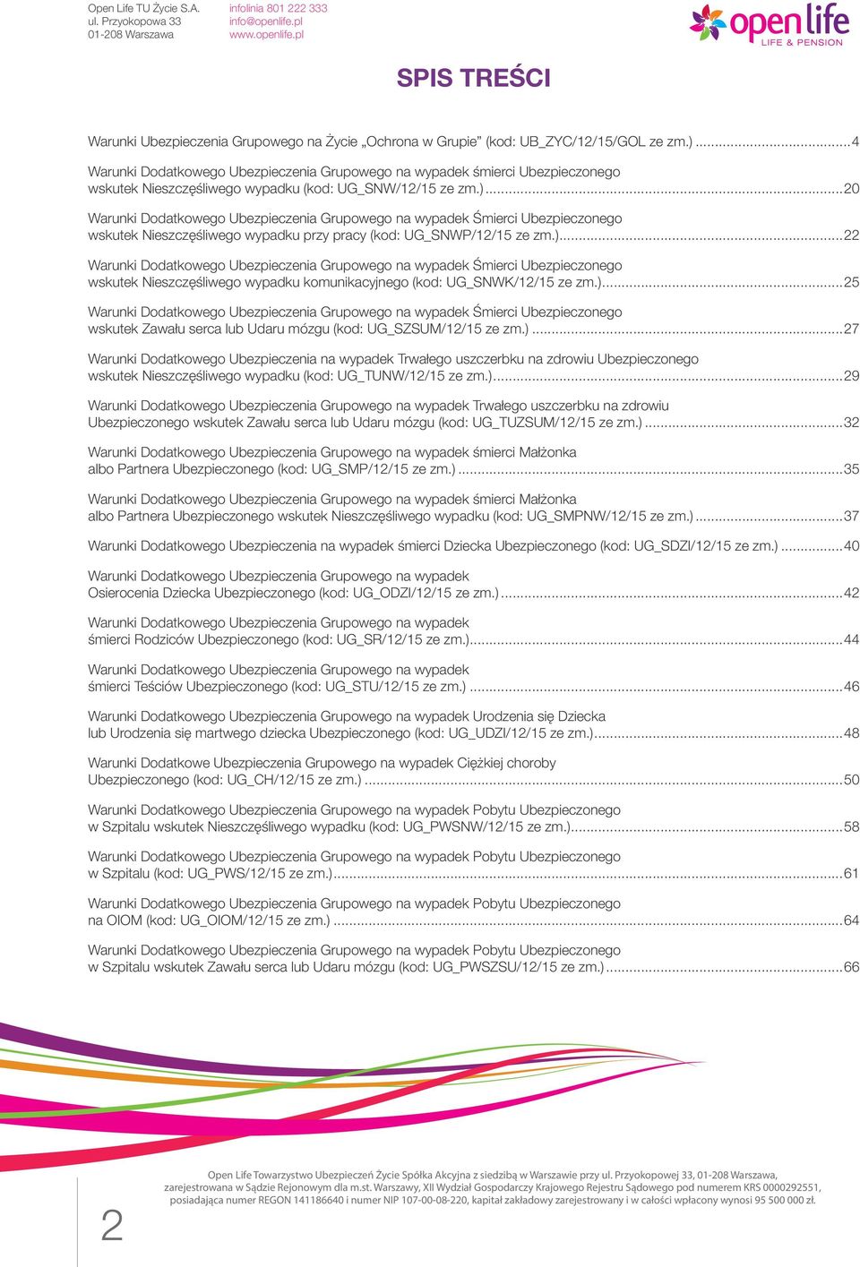 ..20 Warunki Dodatkowego Ubezpieczenia Grupowego na wypadek Śmierci Ubezpieczonego wskutek Nieszczęśliwego wypadku przy pracy (kod: UG_SNWP/12/15 ze zm.).