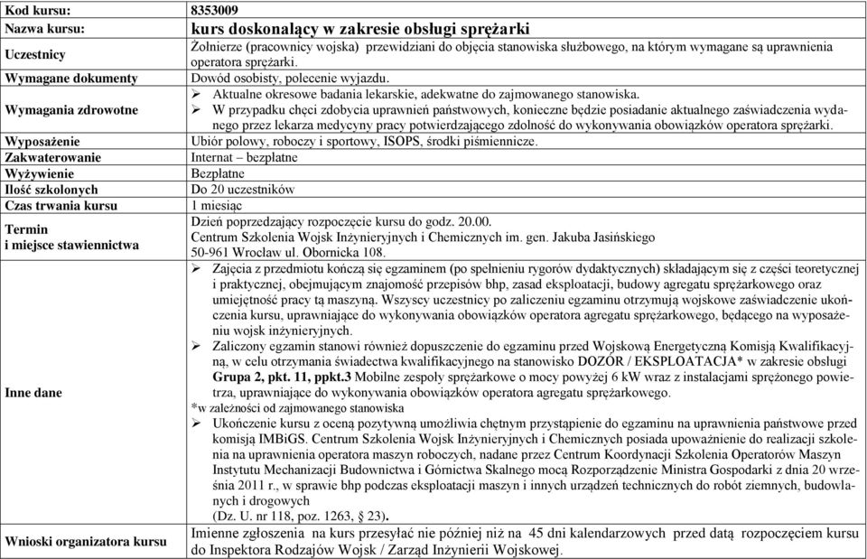 W przypadku chęci zdobycia uprawnień państwowych, konieczne będzie posiadanie aktualnego zaświadczenia wydanego przez lekarza medycyny pracy potwierdzającego zdolność do wykonywania obowiązków