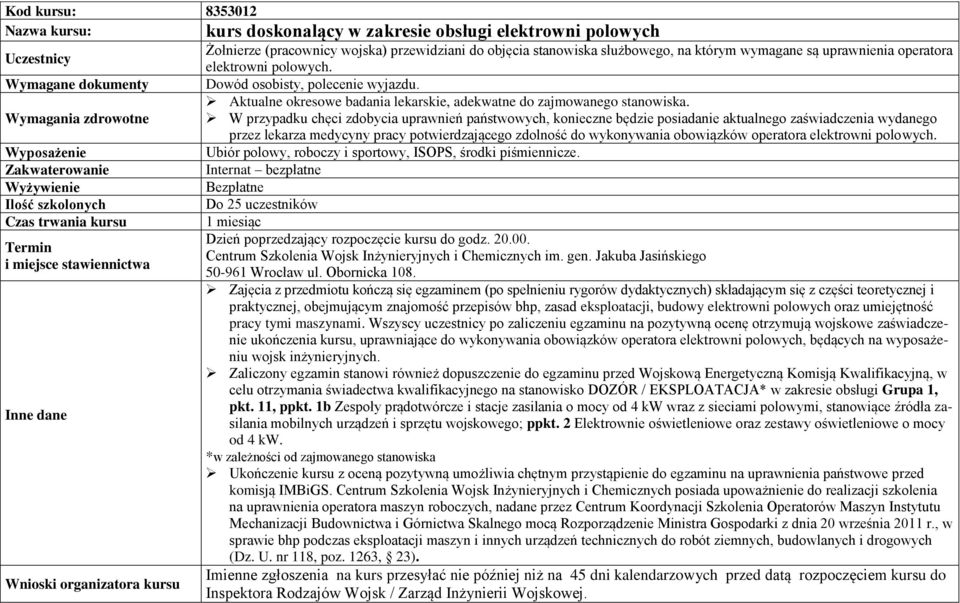 W przypadku chęci zdobycia uprawnień państwowych, konieczne będzie posiadanie aktualnego zaświadczenia wydanego przez lekarza medycyny pracy potwierdzającego zdolność do wykonywania obowiązków