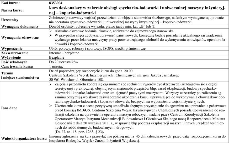 Termin i miejsce stawiennictwa Aktualne okresowe badania lekarskie, adekwatne do zajmowanego stanowiska.