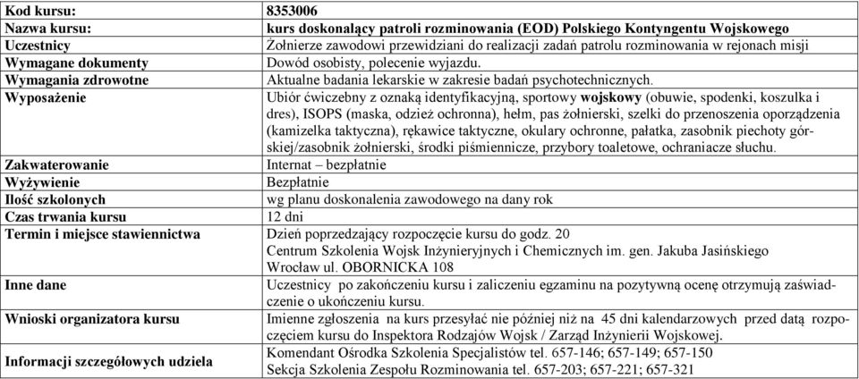 Ubiór ćwiczebny z oznaką identyfikacyjną, sportowy wojskowy (obuwie, spodenki, koszulka i dres), ISOPS (maska, odzież ochronna), hełm, pas żołnierski, szelki do przenoszenia oporządzenia (kamizelka