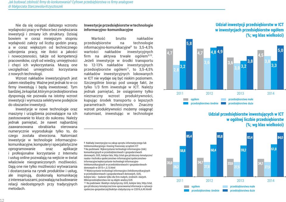 pracowników, czyli od wiedzy, umiejętności i chęci ich wykorzystania. Muszą one uwzględniać umiejętność korzystania z nowych technologii. Wzrost nakładów inwestycyjnych jest zatem niezbędny.