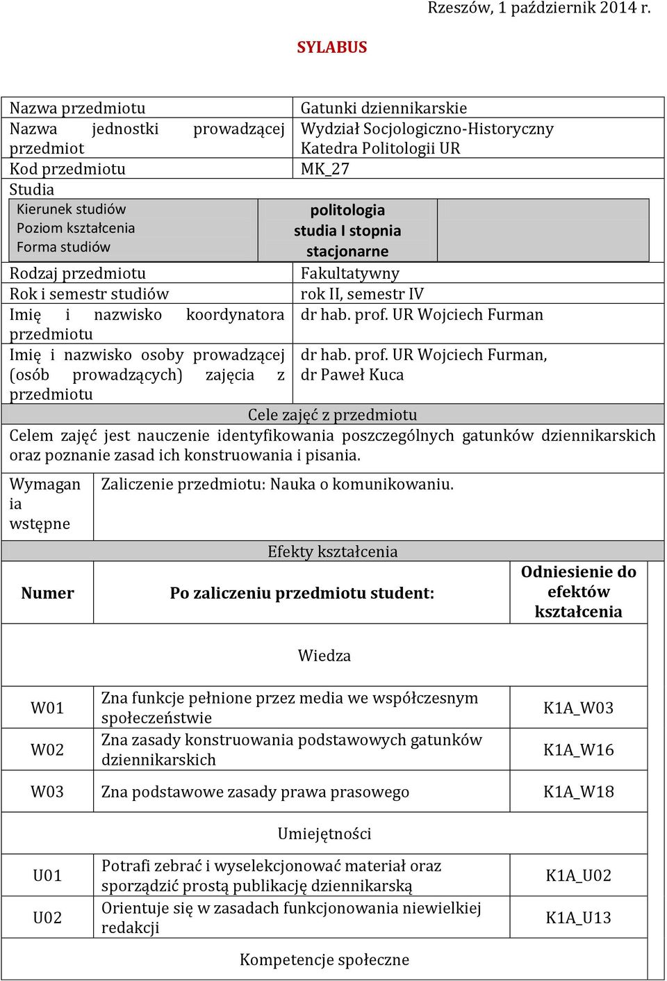 semestr studiów Imię i nazwisko koordynatora Imię i nazwisko osoby prowadzącej dr hab. prof.