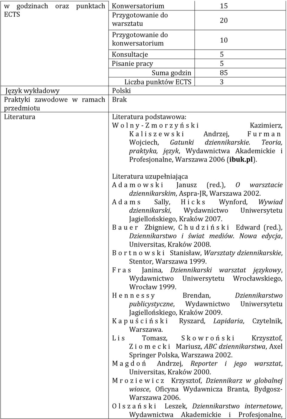 Teoria, praktyka, język, Wydawnictwa Akademickie i Profesjonalne, Warszawa 006 (ibuk.pl). Literatura uzupełniająca A d a m o w s k i Janusz (red.), O warsztacie dziennikarskim, Aspra-JR, Warszawa 00.