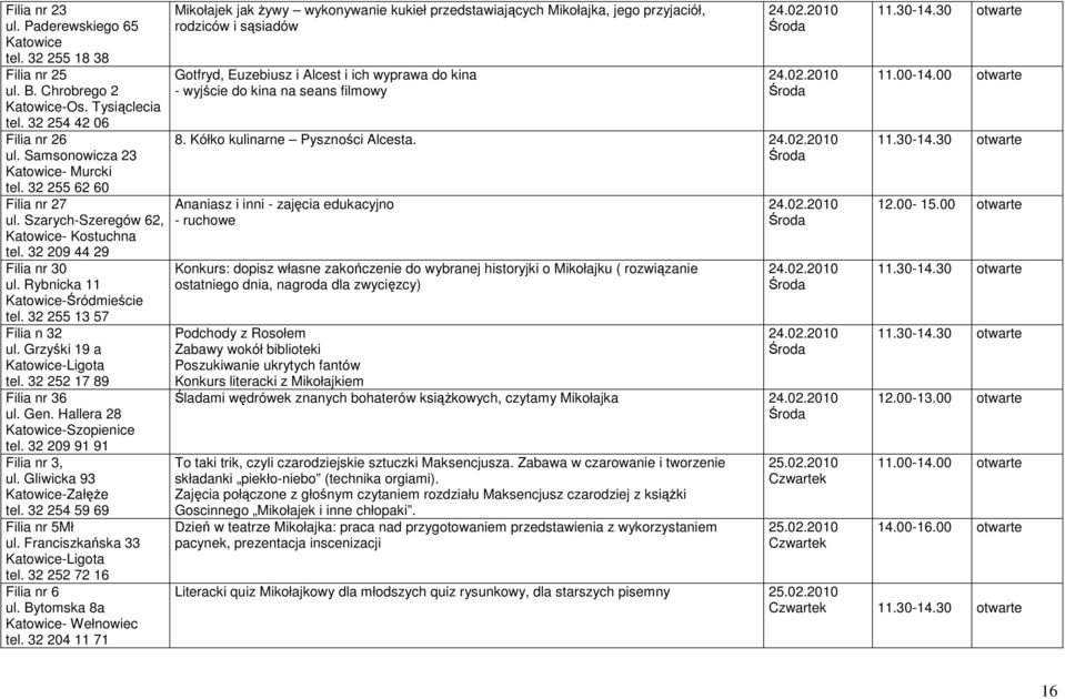 Hallera 28 tel. 32 209 91 91 Filia nr 3, ul. Gliwicka 93 Katowice-ZałęŜe tel. 32 254 59 69 Filia nr 5Mł ul. Franciszkańska 33 tel. 32 252 72 16 Filia nr 6 ul. Bytomska 8a tel.