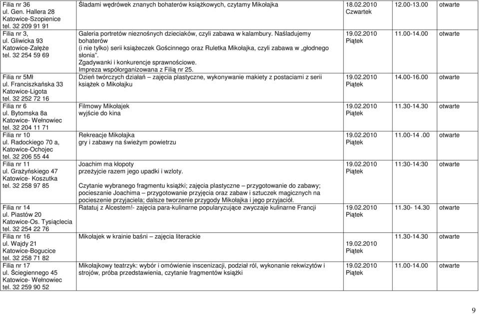 32 254 22 76 Filia nr 16 ul. Wajdy 21 tel. 32 258 71 82 Filia nr 17 ul. Ściegiennego 45 tel.