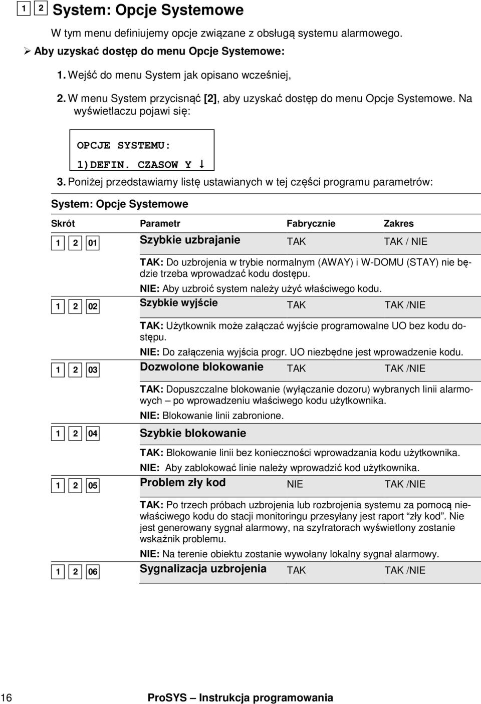 Poniżej przedstawiamy listę ustawianych w tej części programu parametrów: System: Opcje Systemowe Skrót Parametr Fabrycznie Zakres 1 2 01 Szybkie uzbrajanie TAK TAK / NIE TAK: Do uzbrojenia w trybie