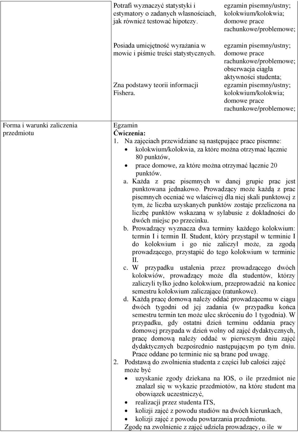 Na zajęciach przewidziane są następujące prace pisemne: kolokwium/kolokwia, za które można otrzymać łącznie 80 punktów, prace domowe, za które można otrzymać łącznie 20 punktów. a.