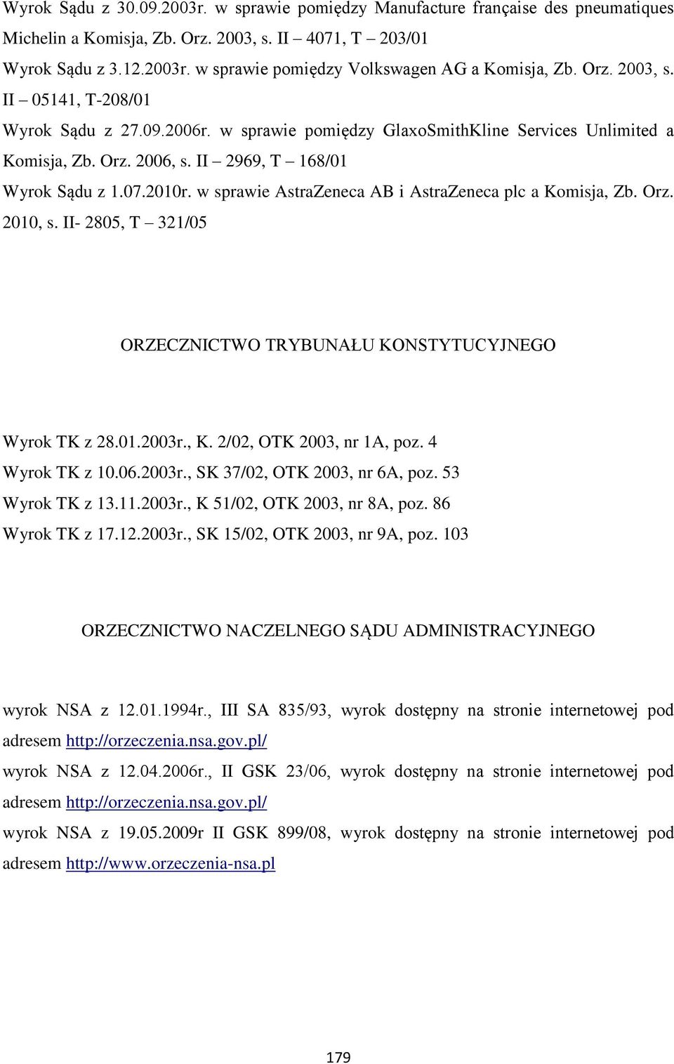 w sprawie AstraZeneca AB i AstraZeneca plc a Komisja, Zb. Orz. 2010, s. II- 2805, T 321/05 ORZECZNICTWO TRYBUNAŁU KONSTYTUCYJNEGO Wyrok TK z 28.01.2003r., K. 2/02, OTK 2003, nr 1A, poz.