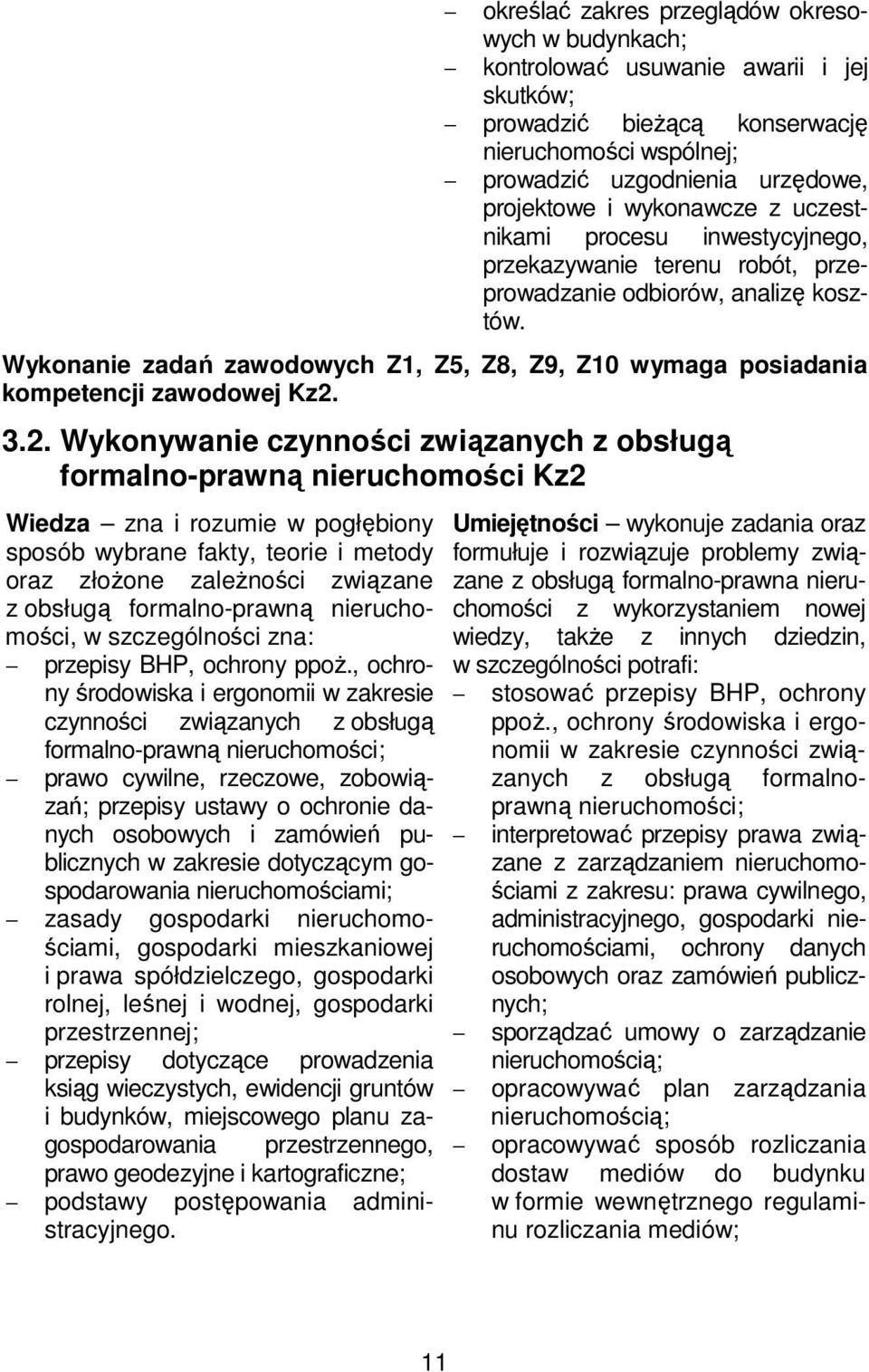 Wykonanie zadań zawodowych Z1, Z5, Z8, Z9, Z10 wymaga posiadania kompetencji zawodowej Kz2.