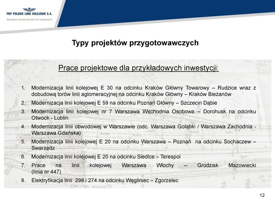 Modernizacja linii kolejowej E 59 na odcinku Poznań Główny Szczecin Dąbie 3. Modernizacja linii kolejowej nr 7 Warszawa Wschodnia Osobowa Dorohusk na odcinku Otwock - Lublin. 4.