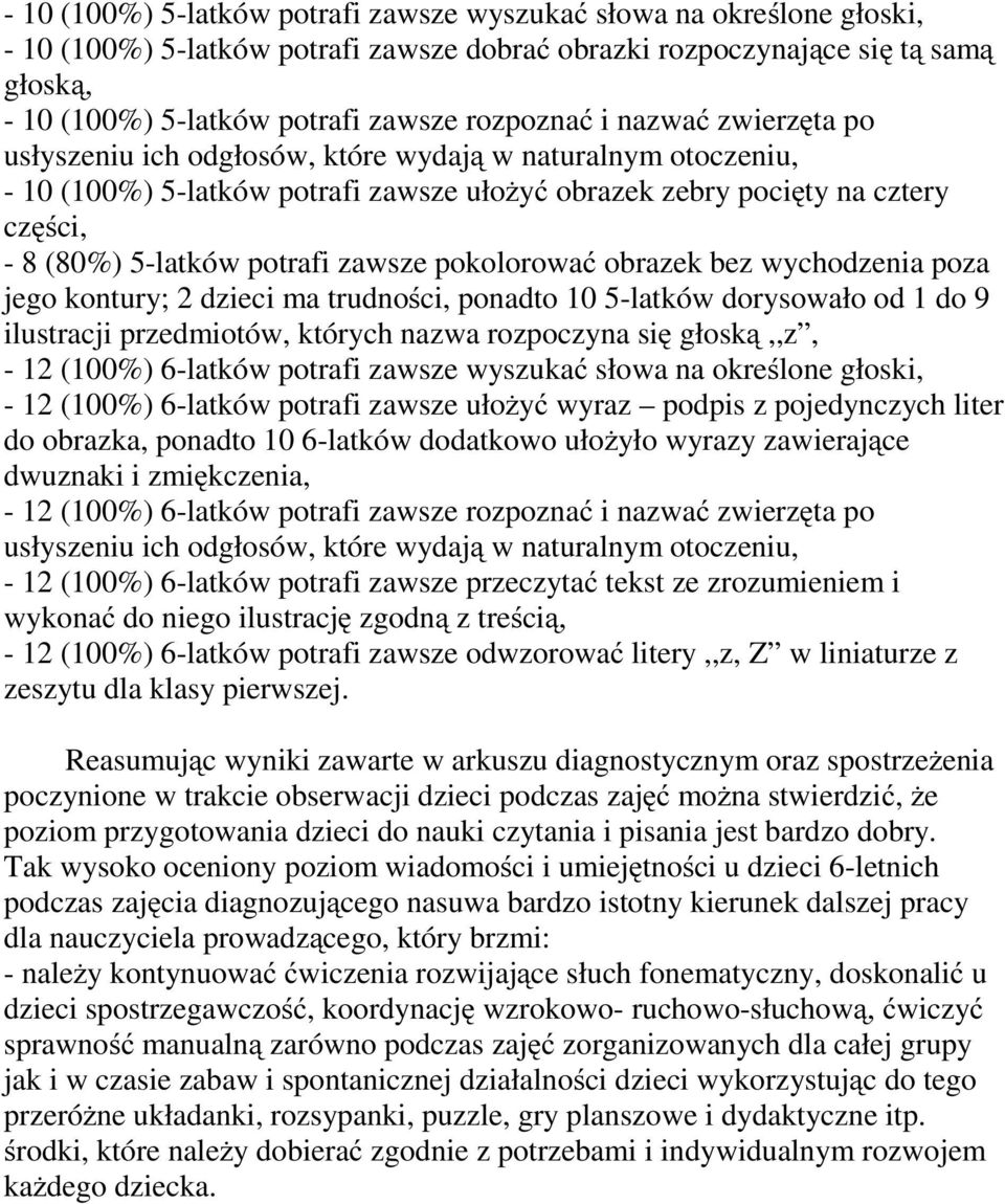 pokolorować obrazek bez wychodzenia poza jego kontury; 2 dzieci ma trudności, ponadto 10 5-latków dorysowało od 1 do 9 ilustracji przedmiotów, których nazwa rozpoczyna się głoską,,z, - 12 (100%)