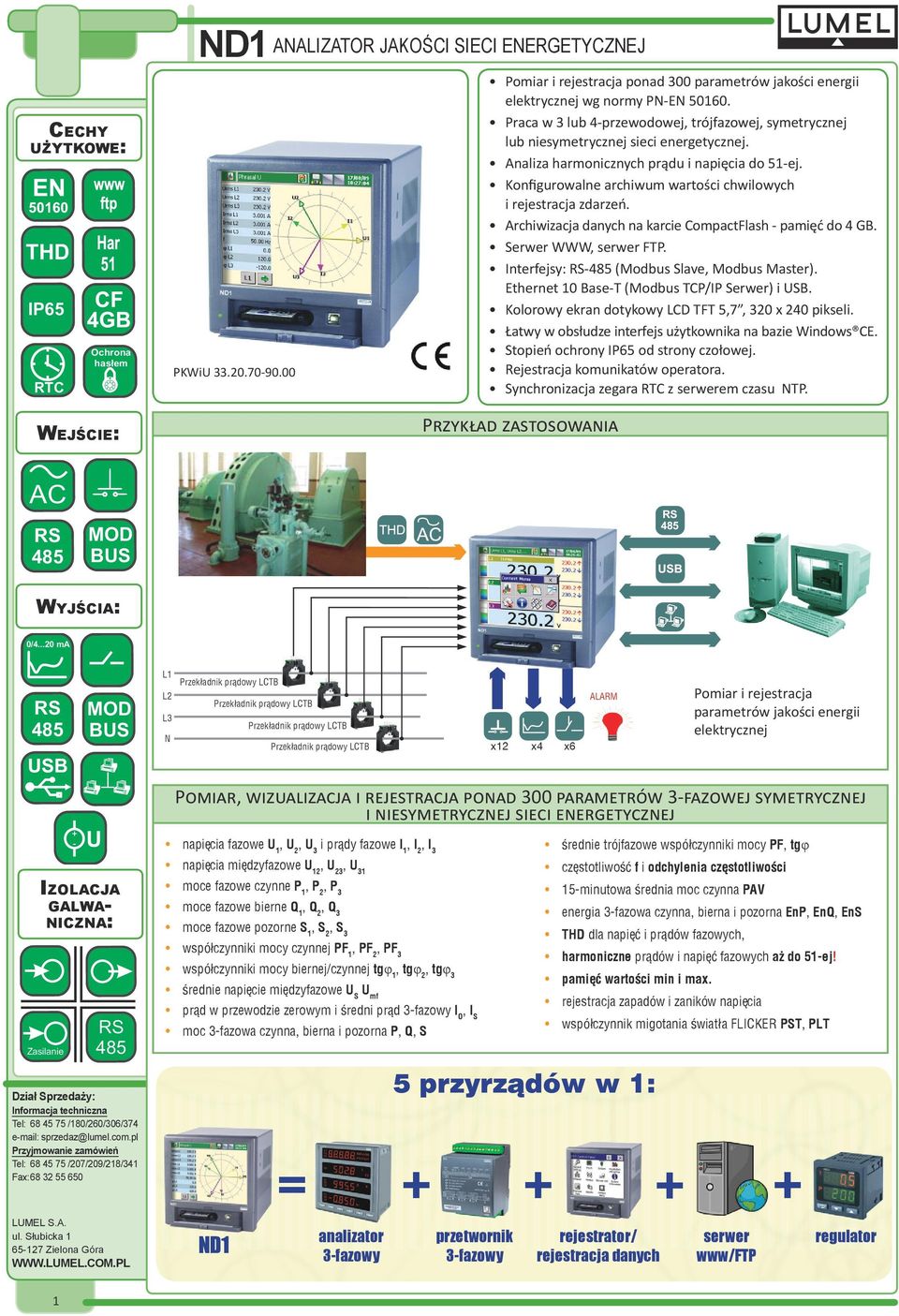 Analiza harmonicznych prądu i napięcia do 51-ej. Konfigurowalne archiwum wartości chwilowych i rejestracja zdarzeń. Archiwizacja danych na karcie CompactFlash - pamięć do 4 GB. Serwer WWW, serwer FTP.