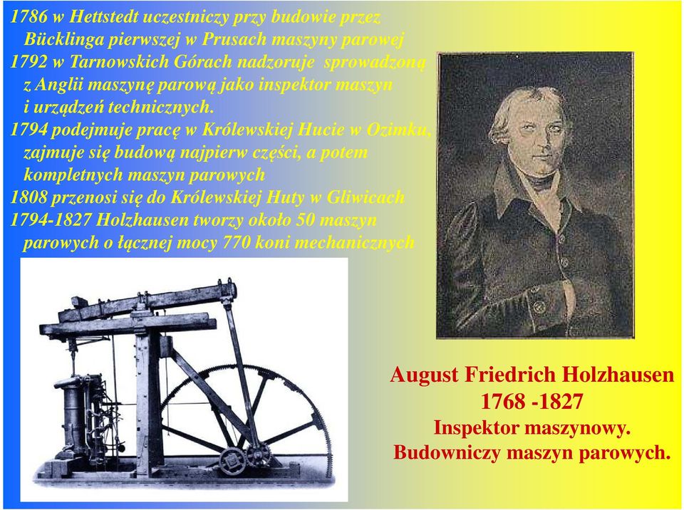 1794 podejmuje pracę w Królewskiej Hucie w Ozimku, zajmuje się budową najpierw części, a potem kompletnych maszyn parowych 1808 przenosi się