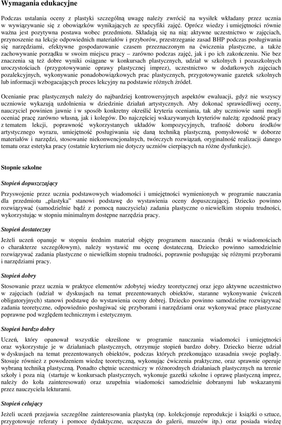 Składają się na nią: aktywne uczestnictwo w zajęciach, przynoszenie na lekcje odpowiednich materiałów i przyborów, przestrzeganie zasad BHP podczas posługiwania się narzędziami, efektywne