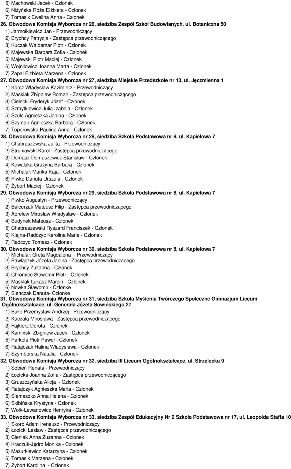 Członek 6) Wojniłowicz Joanna Marta - Członek 7) Zapał ElŜbieta Marzena - Członek 27. Obwodowa Komisja Wyborcza nr 27, siedziba Miejskie Przedszkole nr 13, ul.