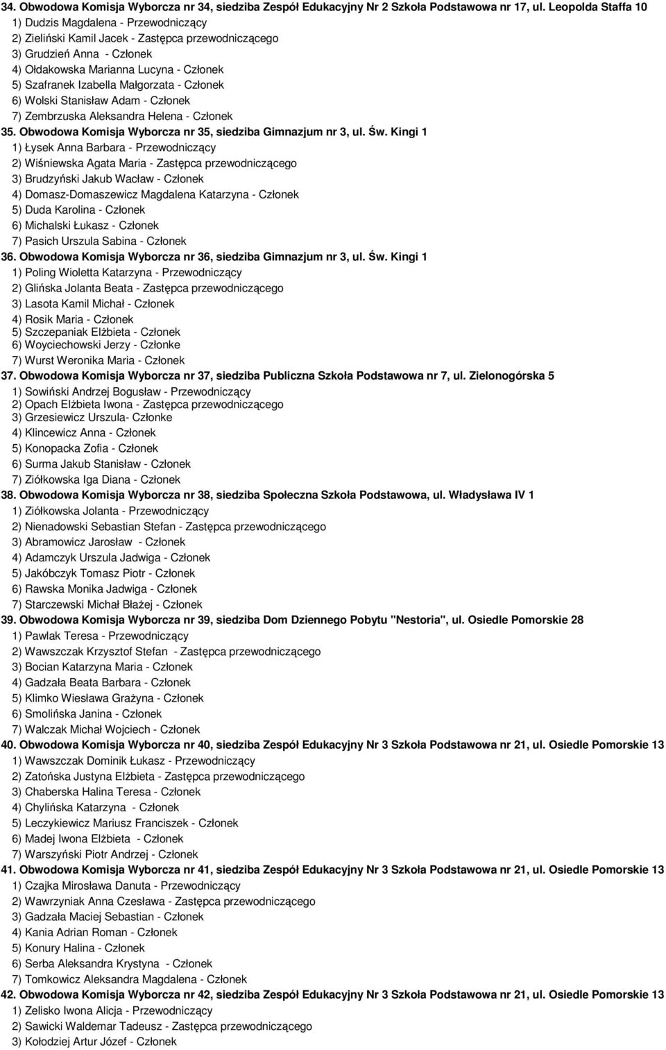 Małgorzata - Członek 6) Wolski Stanisław Adam - Członek 7) Zembrzuska Aleksandra Helena - Członek 35. Obwodowa Komisja Wyborcza nr 35, siedziba Gimnazjum nr 3, ul. Św.