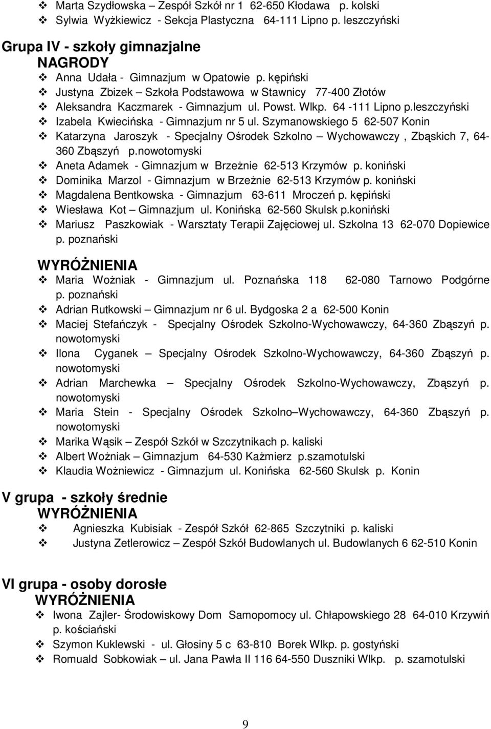 Szymanowskiego 5 62-507 Konin Katarzyna Jaroszyk - Specjalny Ośrodek Szkolno Wychowawczy, Zbąskich 7, 64-360 Zbąszyń p.nowotomyski Aneta Adamek - Gimnazjum w BrzeŜnie 62-513 Krzymów p.