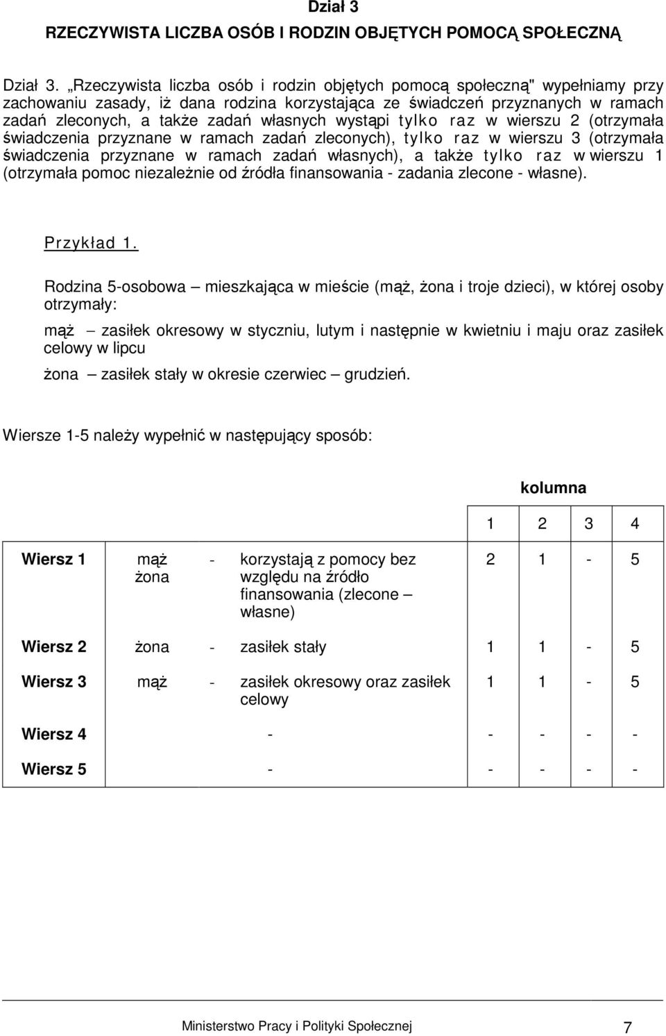 wystąpi tylko raz w wierszu 2 (otrzymała świadczenia przyznane w ramach zadań zleconych), tylko raz w wierszu 3 (otrzymała świadczenia przyznane w ramach zadań własnych), a takŝe tylko raz w wierszu