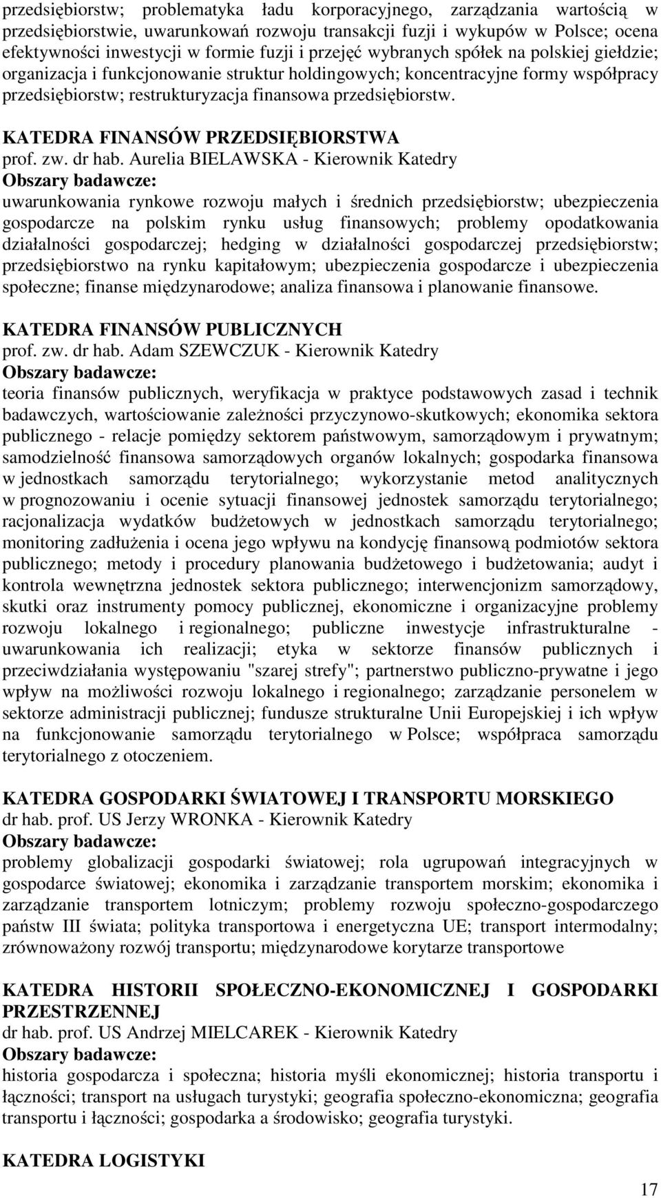KATEDRA FINANSÓW PRZEDSIĘBIORSTWA prof. zw. dr hab.
