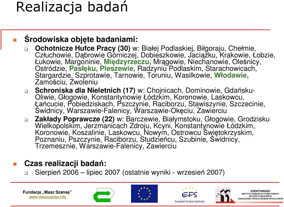 Schroniska dla Nieletnich (17) w: Chojnicach, Dominowie, Gdasku- Oliwie, Gogowie, Konstantynowie ódzkim, Koronowie, Laskowcu, cucie, Pobiedziskach, Pszczynie, Raciborzu, Stawiszynie, Szczecinie,