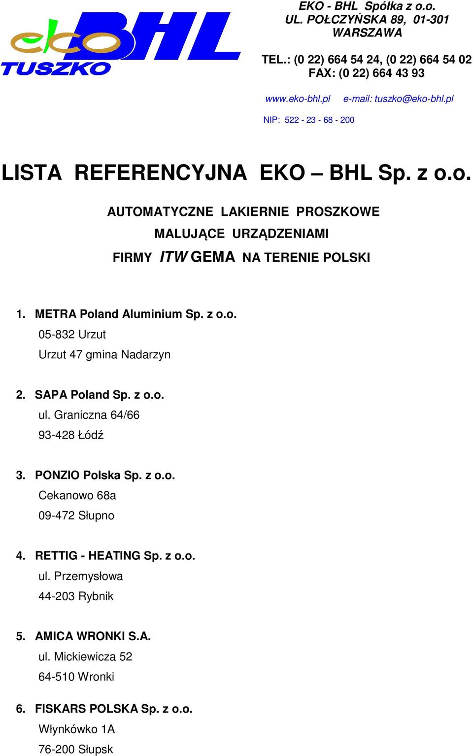 METRA Poland Aluminium Sp. z o.o. 05-832 Urzut Urzut 47 gmina Nadarzyn 2. SAPA Poland Sp. z o.o. ul. Graniczna 64/66 93-428 Łódź 3. PONZIO Polska Sp. z o.o. Cekanowo 68a 09-472 Słupno 4.