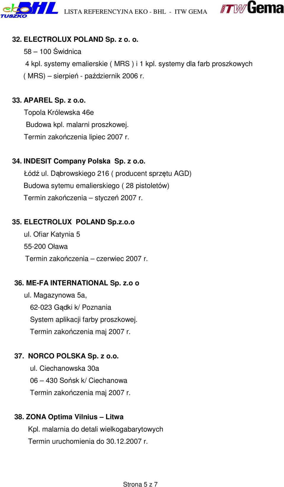 Dąbrowskiego 216 ( producent sprzętu AGD) Budowa sytemu emalierskiego ( 28 pistoletów) Termin zakończenia styczeń 2007 r. 35. ELECTROLUX POLAND Sp.z.o.o ul.